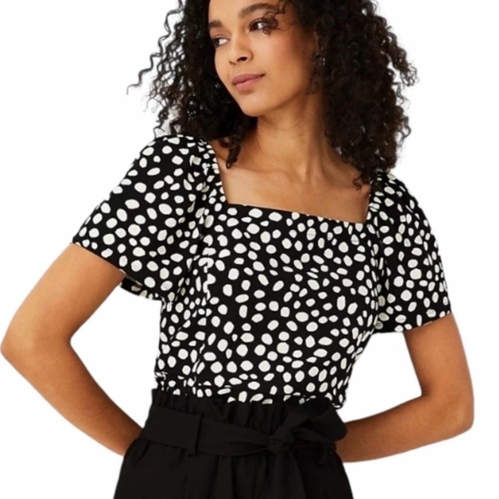 Ann Taylor Black and White Spot Blouse Puff Sleeves